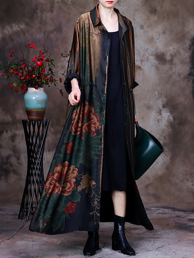 Plus Size Women Vintage Print Loose Long Coat