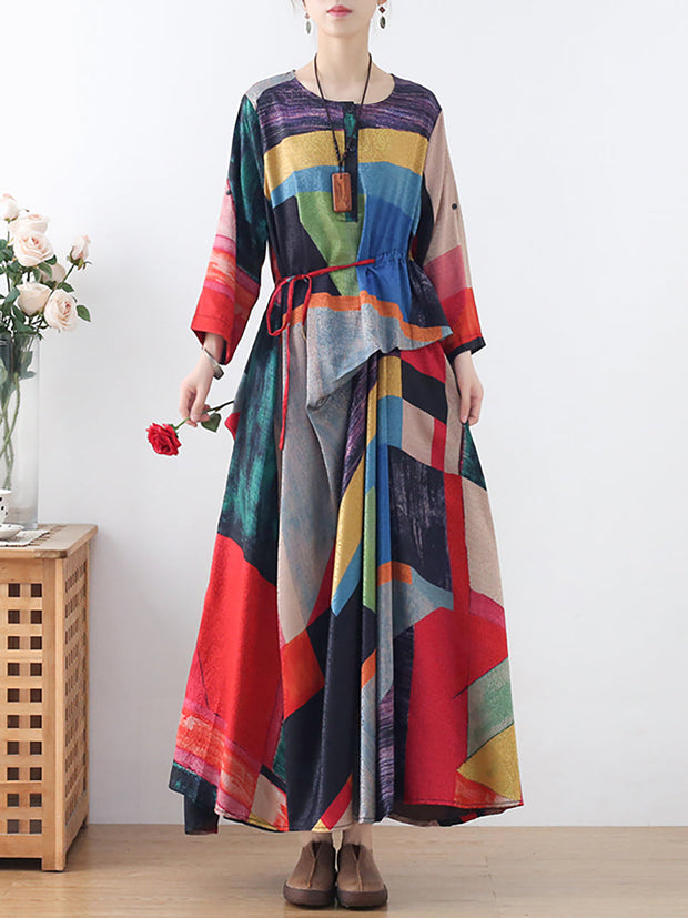 Plus Size Women Ethnic Print Irregular Long Dress