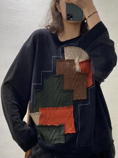 Plus Size Herbst Damen Vintage Patchwork Lose Sweatshirt