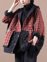 Plus Size Women Korean Style Plaid Hooded Colorblock Padded Coat