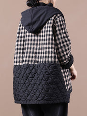 Plus Size Women Korean Style Plaid Hooded Colorblock Padded Coat