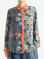 Plus Size Ramie Dots Prints Long Sleeve Women Loose Shirt