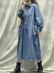 Plus Size Women Spring Retro Pocket Button Loose Denim Dress