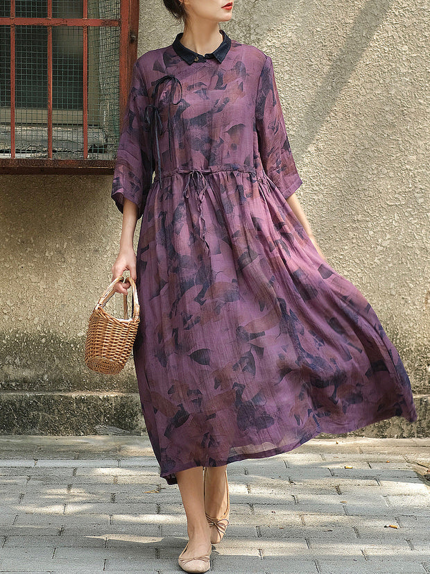 Plus Size Women Chinese Style Drawstring Print Loose Dress