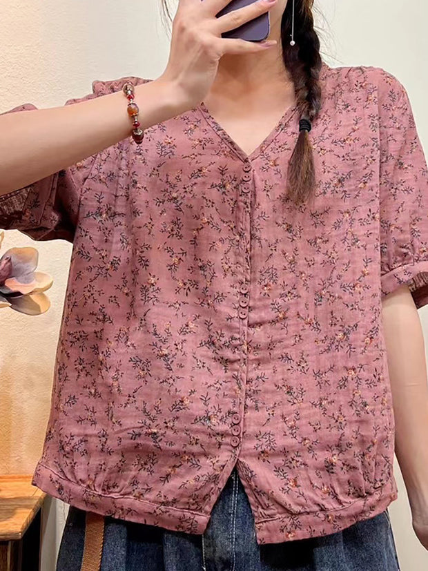 Plus Size Women Summer Floral Casual Button Loose Shirt