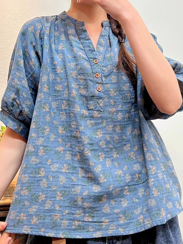 Plus Size Women Summer Artsy Floral Button Loose Shirt