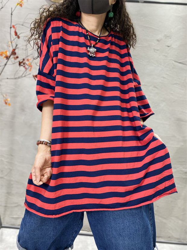 Plus Size Women Casual Stripe Split Hem O-Neck Loose Shirt