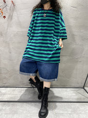 Plus Size Women Casual Stripe Split Hem O-Neck Loose Shirt