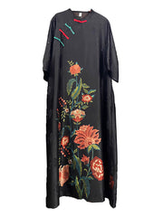 Plus Size Women Ethnic Flower A-shape Loose Dress