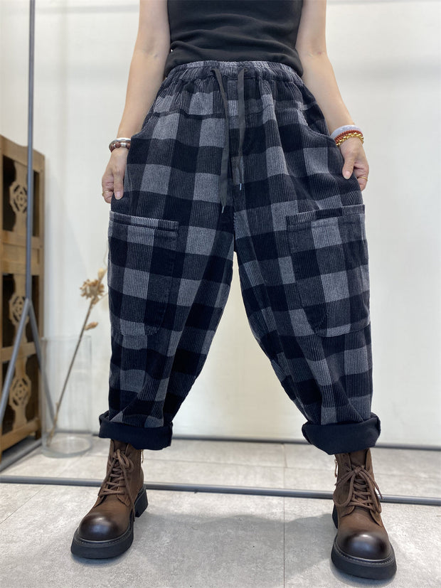 Plus Size Damen Retro Plaid Cord Loose Haremshose