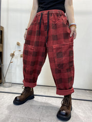 Plus Size Women Retro Plaid Corduroy Loose Harem Pants