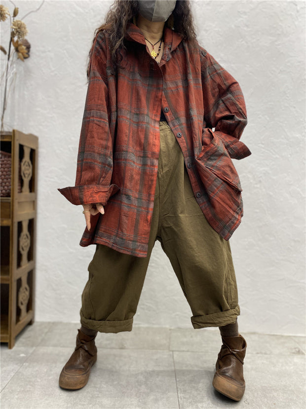 Plus Size Women Vintage Plaid Spring Hooded Shirt Coat