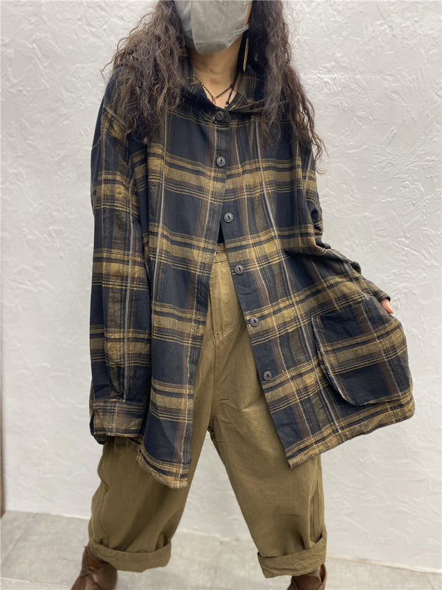 Plus Size Women Vintage Plaid Spring Hooded Shirt Coat