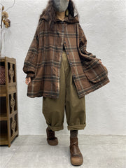 Plus Size Women Vintage Plaid Spring Hooded Shirt Coat