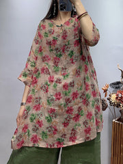 Plus Size Women Vintage Flower Summer Loose Ramie Shirt