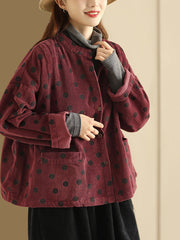 Plus Size Retro Dot Croduroy Stand Collar Shirt Coat