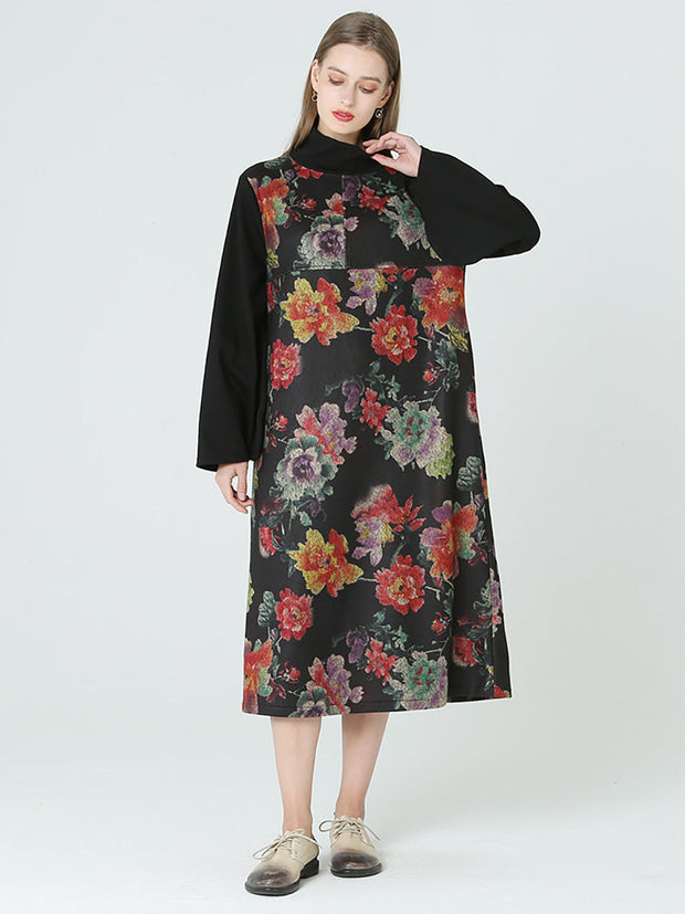 Plus Size Floral Prints Turtleneck Long Sleeve Spring Winter Dress M-2XL