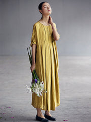 Plus Size Chinese Style Elegant Pleated Loose Linen Dress