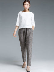 Plus Size Buykud Stripe Cotton Linen Women Pants