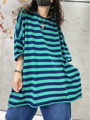 Plus Size Women Casual Stripe Split Hem O-Neck Loose Shirt