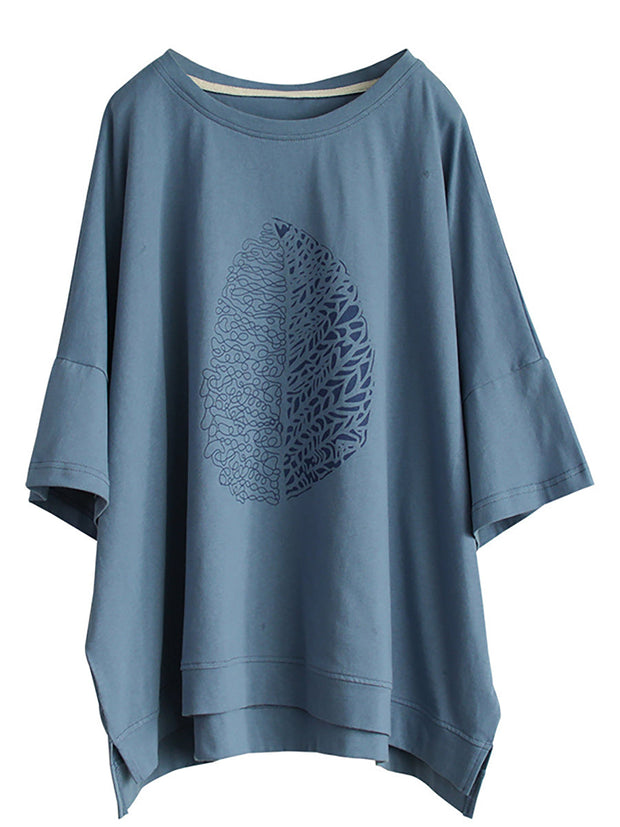 Plus Size - Leaf Printed Summer Half Sleeve Cotton T-shirt