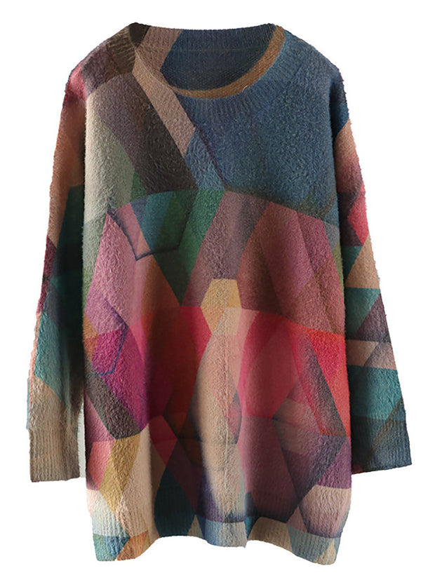 Plus Size Autumn Geometry Vintage Women Loose Sweater