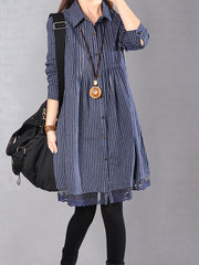 Plus Size - Loose Cotton Linen Printing Lace Hem Dress