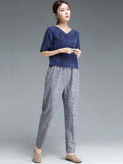 Plus Size Buykud Stripe Cotton Linen Women Pants