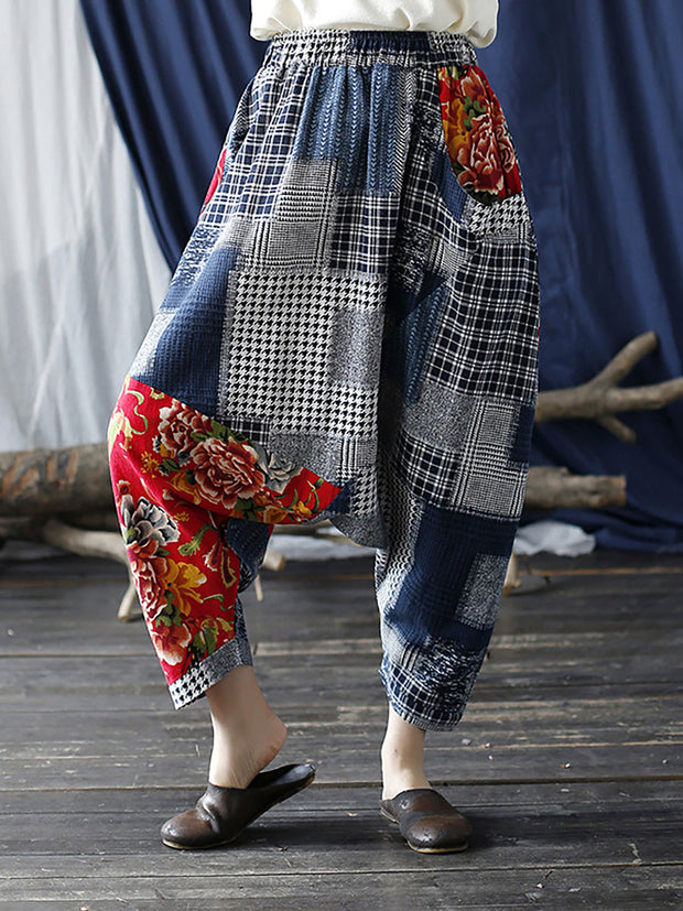 Plus Size Patchwork Plaid Women Casual Elastic Waist Pants