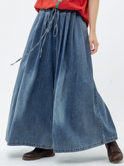 Plus Size Casual Drawstring Blue Denim Wide Leg Pants Jeans