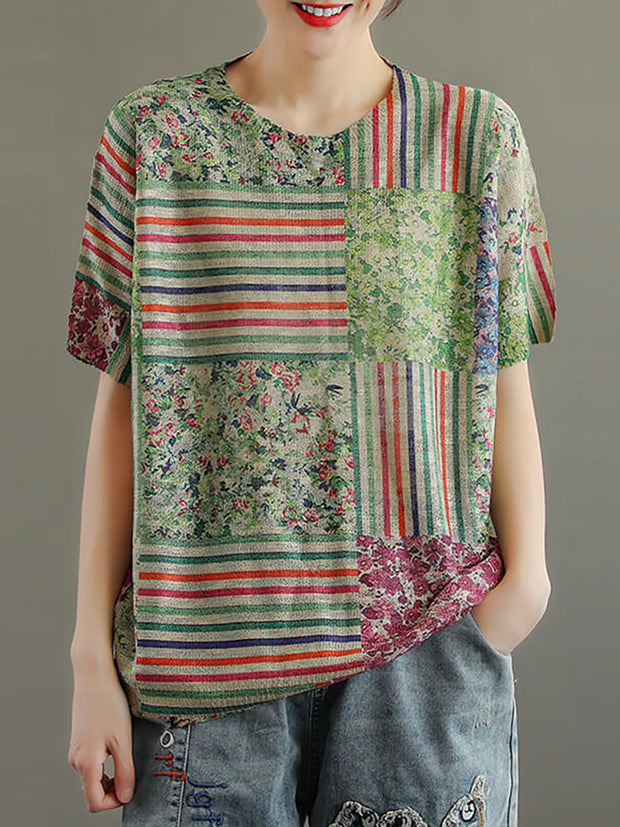 Damen-T-Shirt aus Baumwolle mit floralen Stricknähten