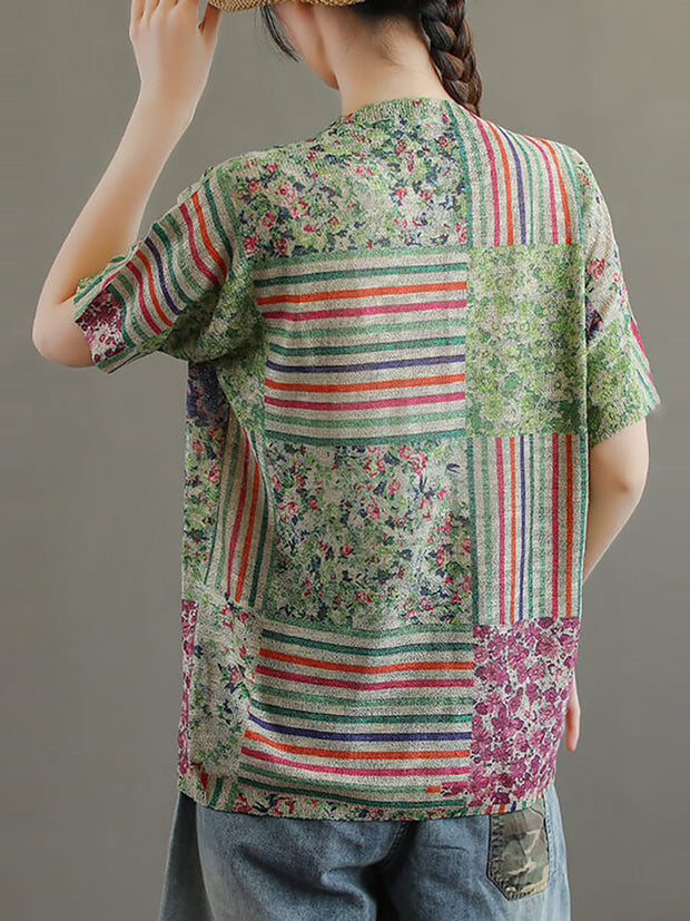 Damen-T-Shirt aus Baumwolle mit floralen Stricknähten