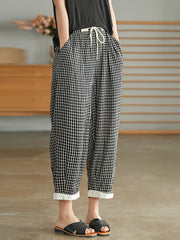 Plus Size - Women Plaid Drawstring Pocket Casual Pants