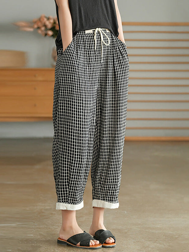 Plus Size - Women Plaid Drawstring Pocket Casual Pants