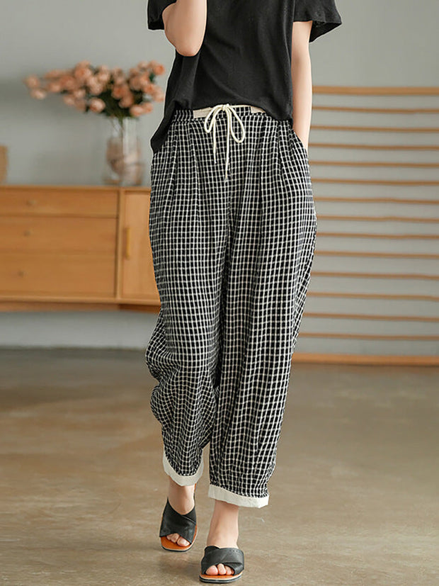 Plus Size - Women Plaid Drawstring Pocket Casual Pants