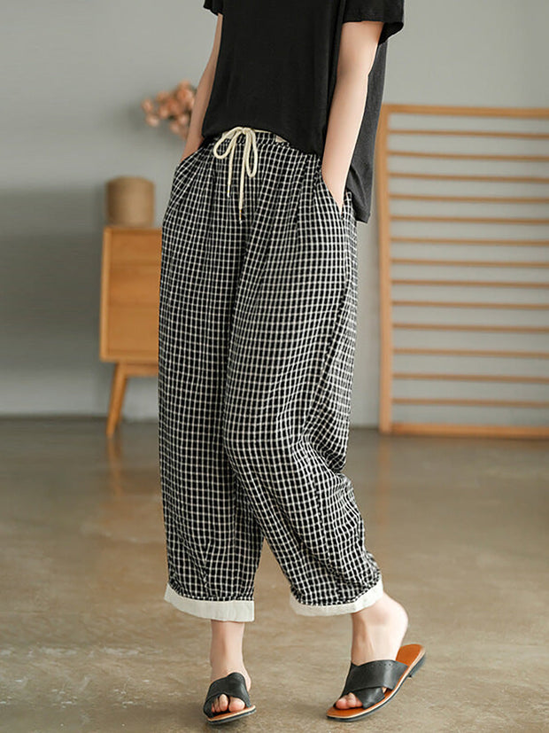 Plus Size - Women Plaid Drawstring Pocket Casual Pants