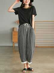 Plus Size - Women Plaid Drawstring Pocket Casual Pants