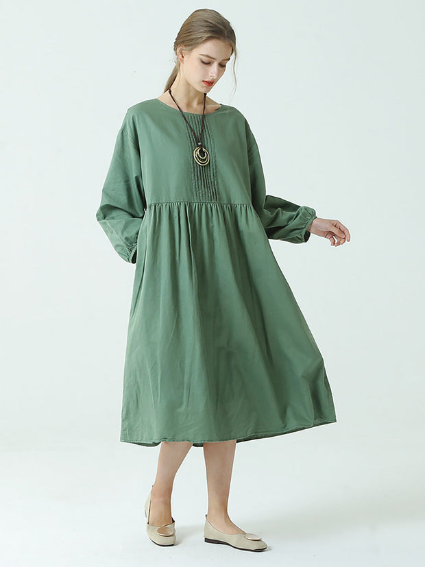 Plus Size Linen Cotton Pleated Spring Long Sleeve Dress