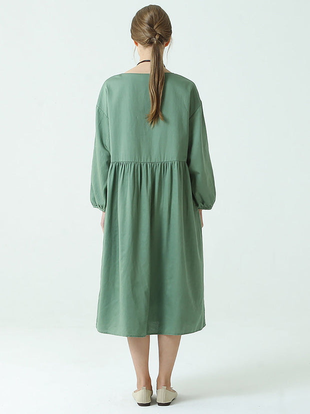 Plus Size Linen Cotton Pleated Spring Long Sleeve Dress