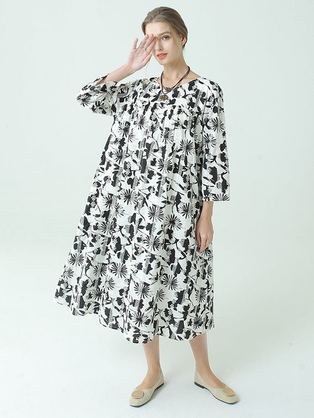 Plus Size Flower Prints O Neck Long Sleeve Pleated Plus Size Dress