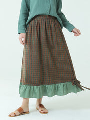 Plus Size Spring Elastic Waist Plaid Loose Vintage Long Skirt M-2XL