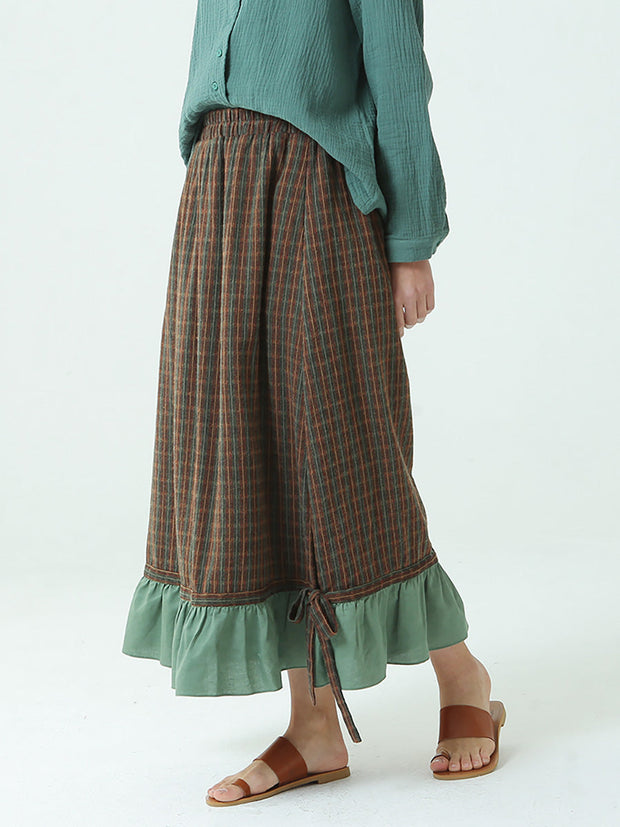 Plus Size Spring Elastic Waist Plaid Loose Vintage Long Skirt M-2XL