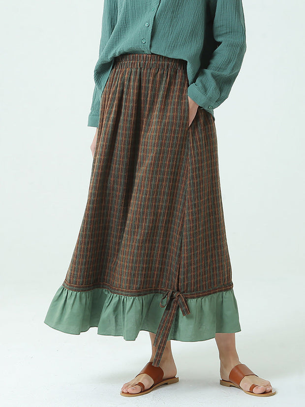 Plus Size Spring Elastic Waist Plaid Loose Vintage Long Skirt M-2XL