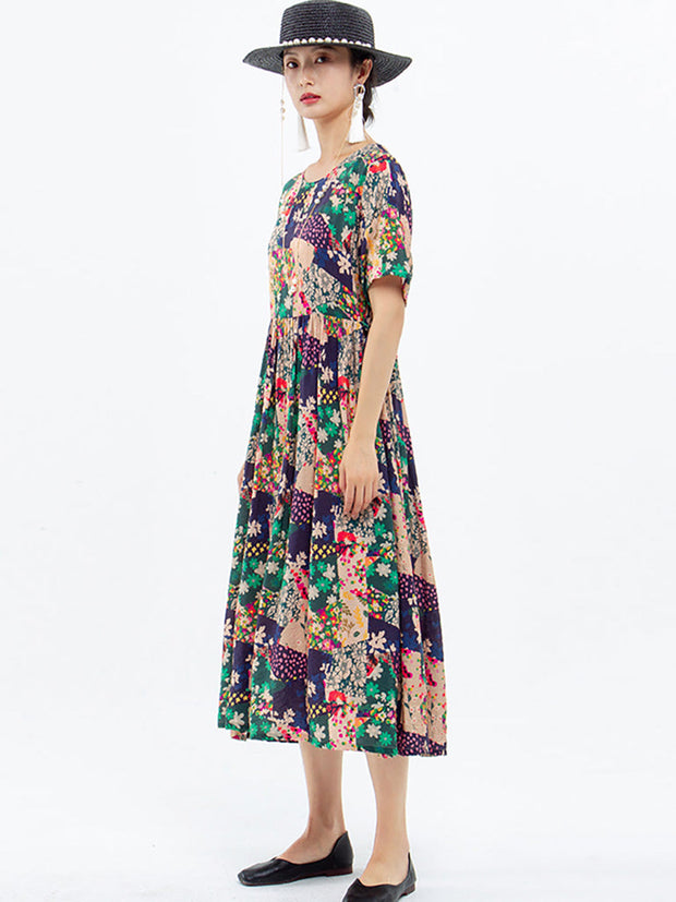 Plus Size - Floral Prints Short Sleeve Summer Loose Dress