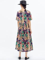 Plus Size - Floral Prints Short Sleeve Summer Loose Dress