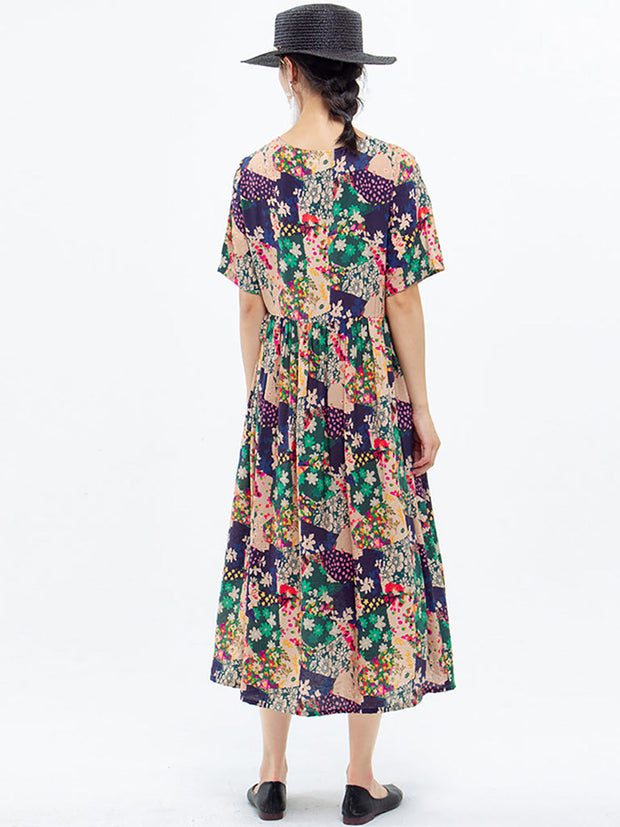 Plus Size - Floral Prints Short Sleeve Summer Loose Dress