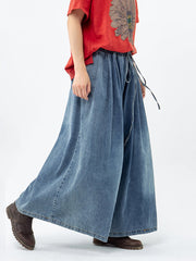 Plus Size Casual Drawstring Blue Denim Wide Leg Pants Jeans