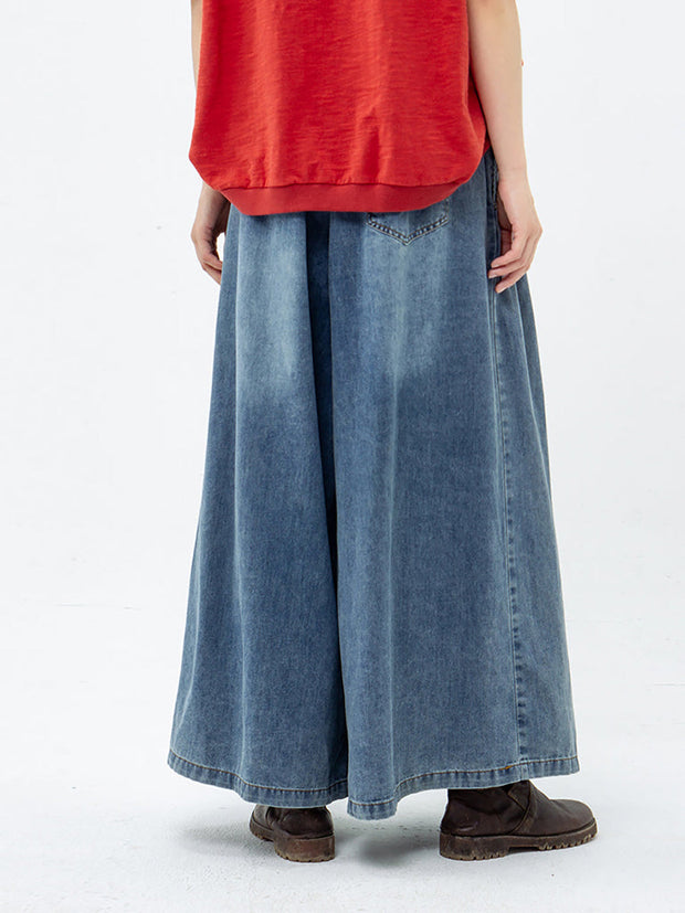 Plus Size Casual Drawstring Blue Denim Wide Leg Pants Jeans