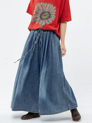 Plus Size Casual Drawstring Blue Denim Wide Leg Pants Jeans