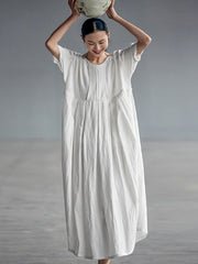 Plus Size Chinese Style Elegant Pleated Loose Linen Dress